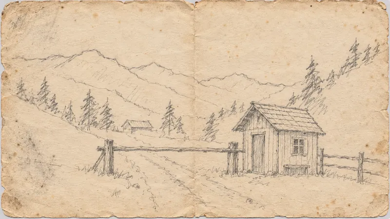 Einfache Bleistiftskizze der Holzschranke mit hölzernem Wärterhäuschen, auf abgenutztem und vergilbtem Papier, als Vorstellung von 1817